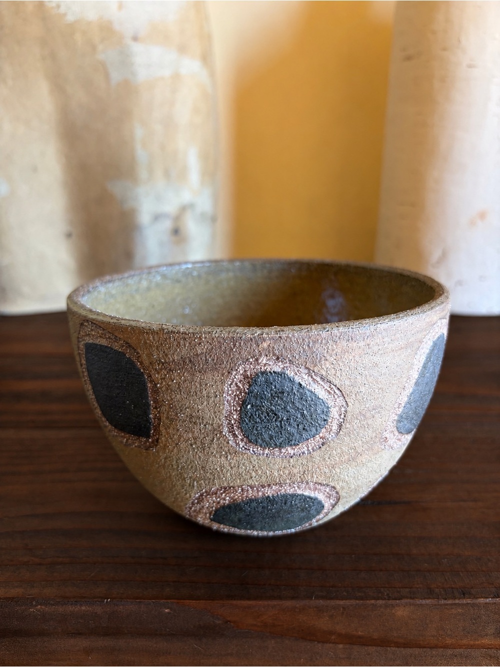 Vintage Signed Studio Pottery Bowl Abstract Geometric Stoneware Handmade